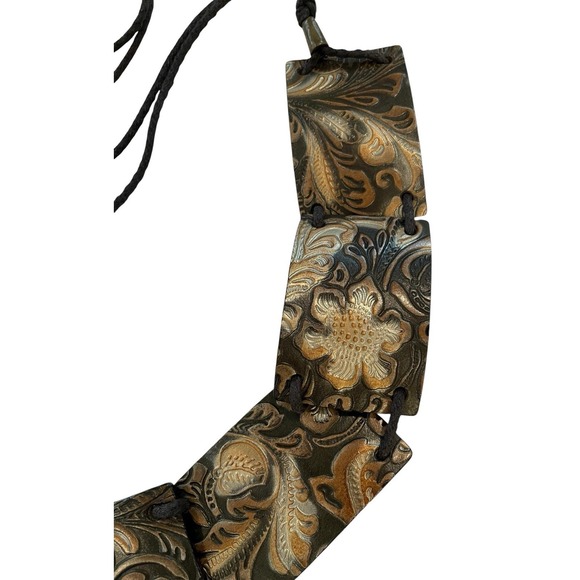 Vtg Streets Ahead Floral Embossed Leather Metal Ring Belt Tie Waist 80s Artsy S - Picture 2 of 7